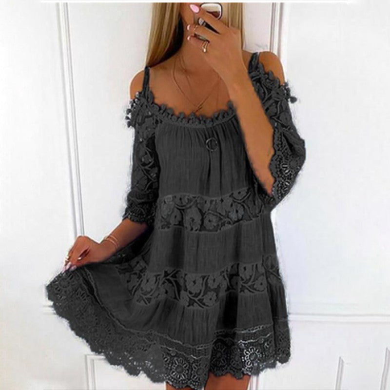 Fashion Cold Shoulder Lace Lined Mini Dress