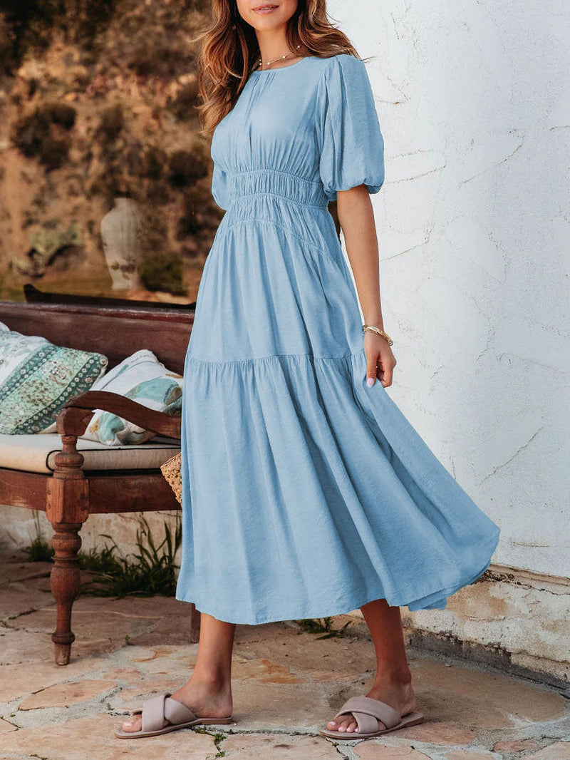 Puff Short Sleeve O-Neck Solid Loose Midi Dress