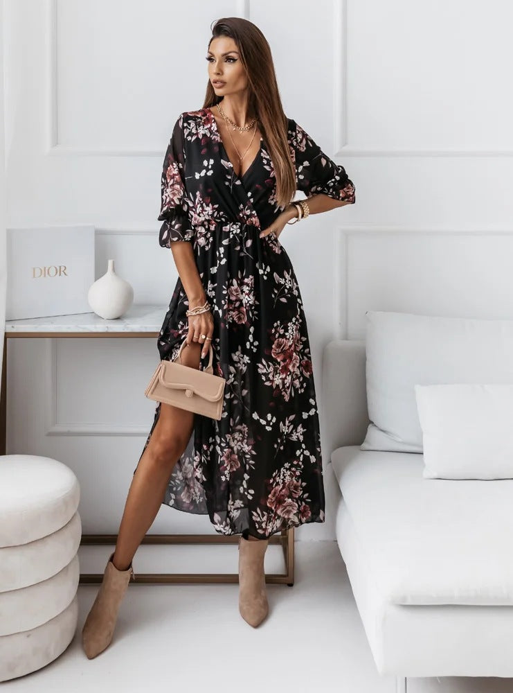 Short Sleeve Flowy V Neck Side Split Maxi Dress