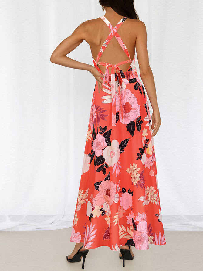 Halter Neck Cross Back SleevelessFloral Maxi Dress