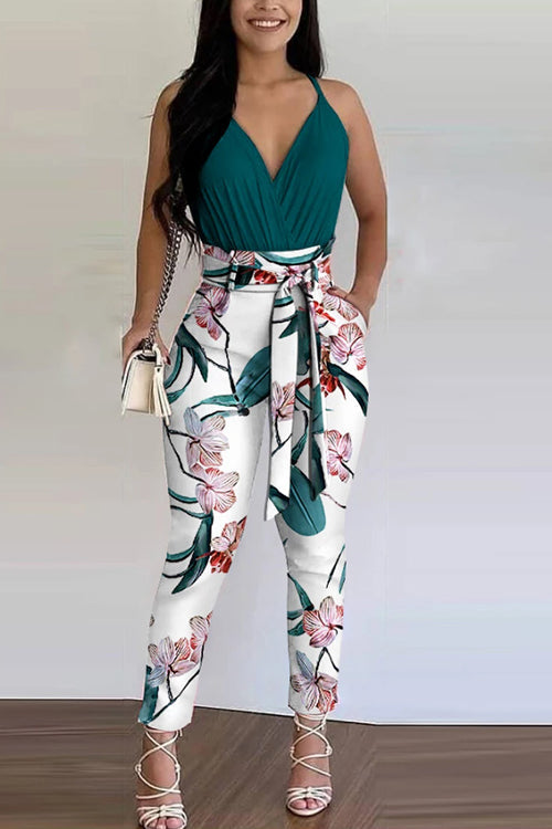 Plain Ruched Top & Floral Print Pants Set