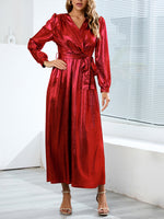 Shinny Long Sleeve Tie Waist Maxi Dress