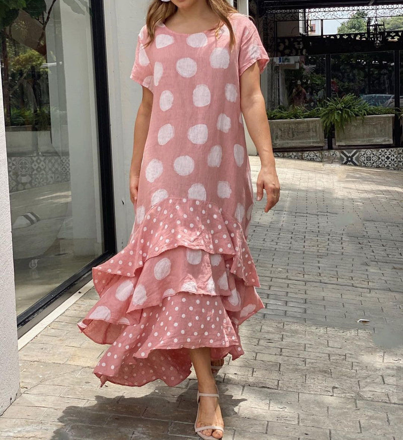 Polka Dot Scoop Neck Short Sleeve Maxi Dress