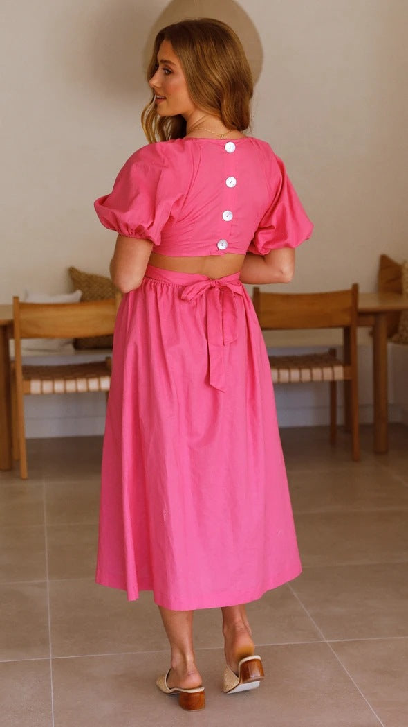 Puff Short Sleeve V Neck High Waist Maxi Dress