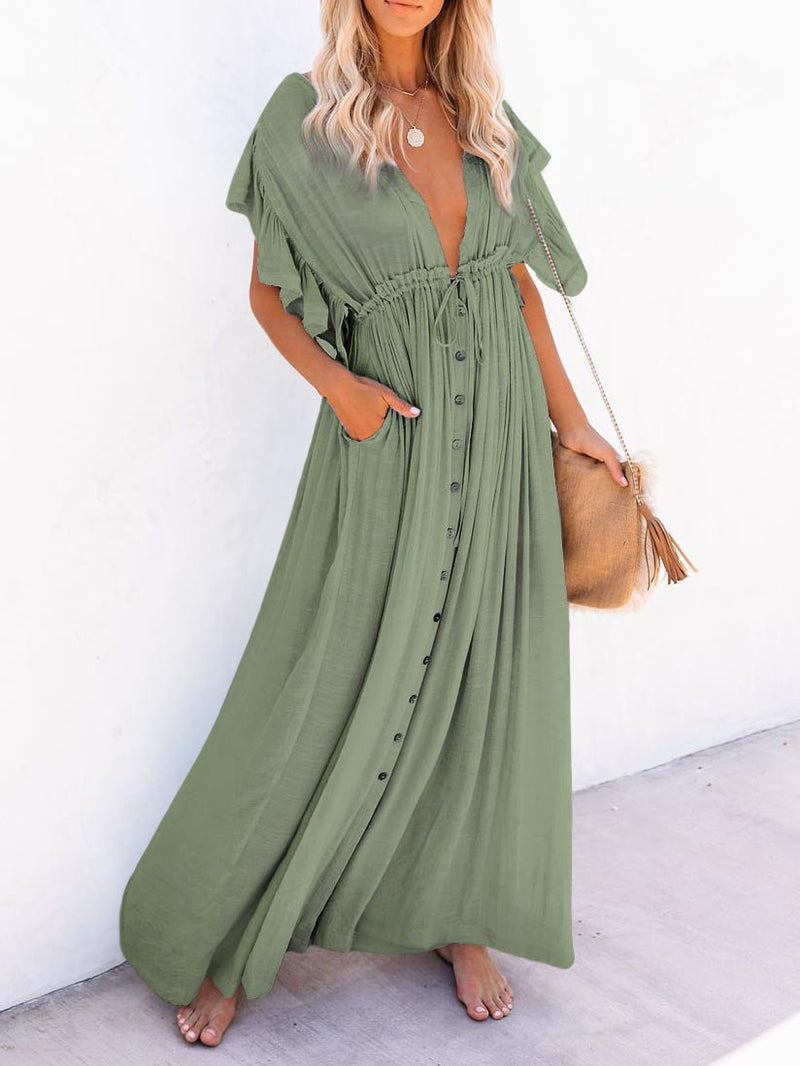 Ruffle Sleeve Deep V Neck Button Down Wide Maxi Dress