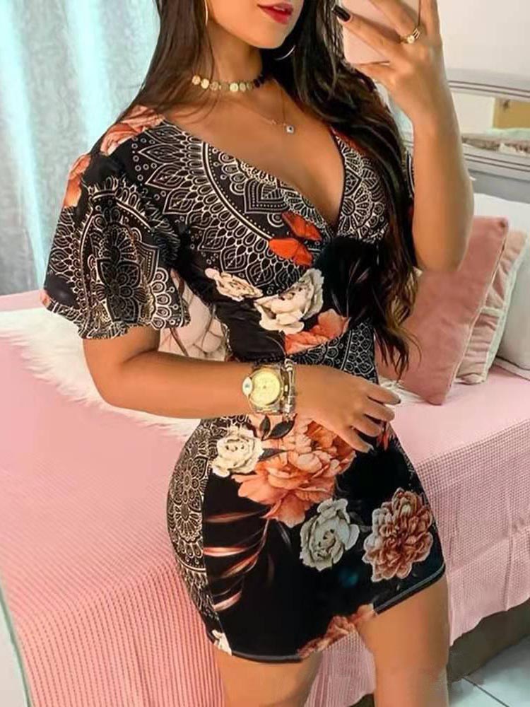 Bodycon V Neck Floral Short Sleeve Mini Dress