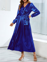 Shinny Long Sleeve Tie Waist Maxi Dress