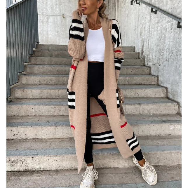 Long Sleeve Open Front Stripped Print Long Cardigan