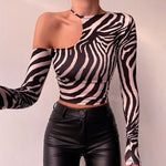 O-Neck Off Shoulder Long Sleeve Leopard Print Bodycon Top