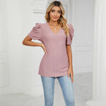 Casual V Neck Short Sleeve Solid Color Top