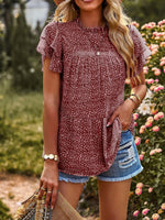 Casual O-Neck Ruffle Short Sleeve Printed Loose T-Shirt