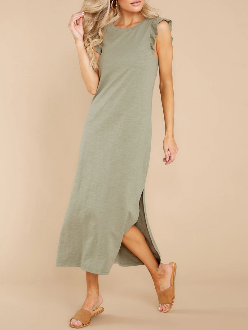 O-Neck Solid Color Double Split Midi Dress