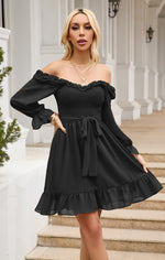 Square Neck Back Offshoulder Waist Wrap Mini Dress