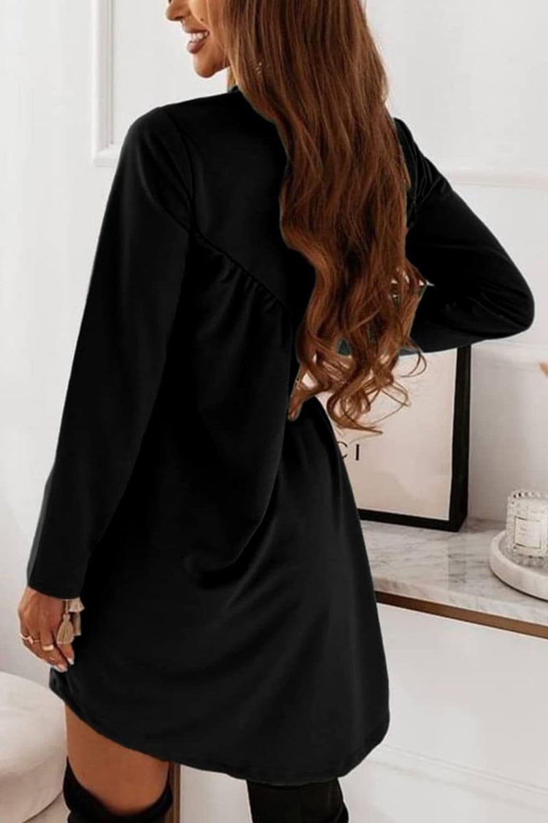 Fashion Long Sleeve Solid Colour O-Neck Mini Dress