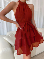 Fashion Sleeveless Halter Belted Ruffle Mini Dress