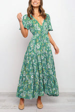 Floral V Neck Tie Waist Maxi Dress