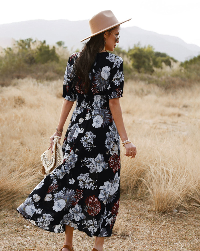 Elegant Deep V Neck Short Sleeve Floral Maxi Dress