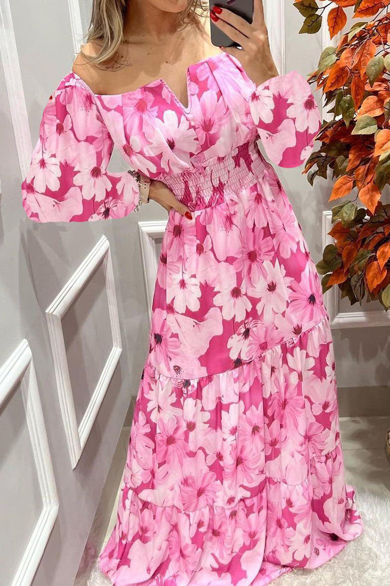 Floral Off Shoulder V Neck Maxi Dress