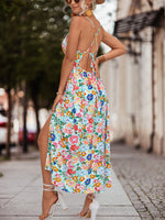 Spaghetti Strap Sleeveless Backless Floral Print Split Maxi Dress