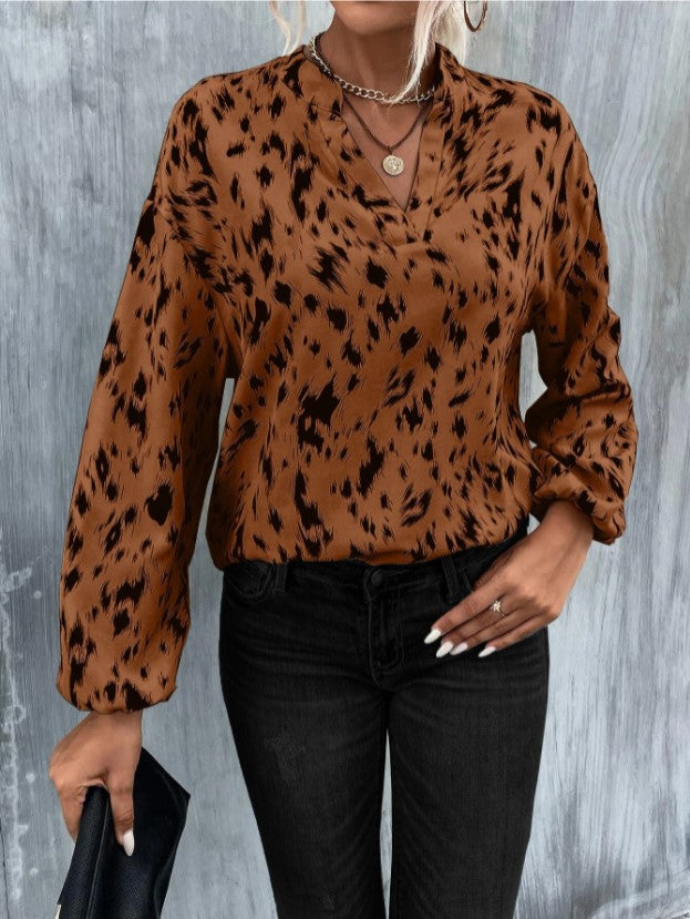 Elegant V-Neck Printed Long Sleeve Shirt