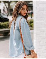 Collar Buttton Down Front Pocket Long Sleeve Denim Shirt Top