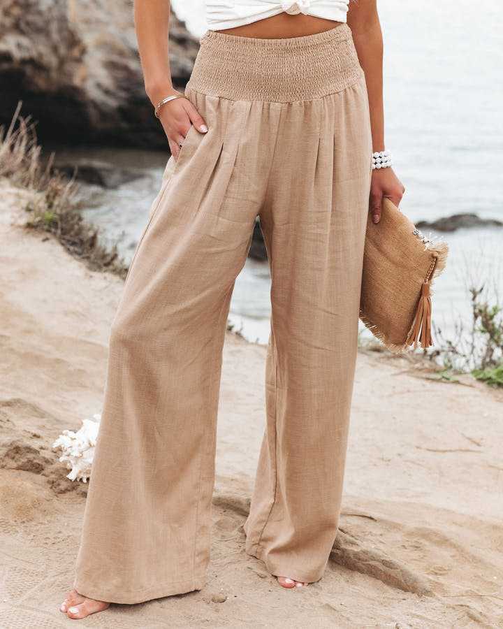 Casual High Waist Pocket Solid Loose Pant