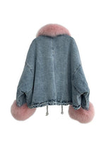 Detachable Fuzzy Faux Fur Collar Denim Coat