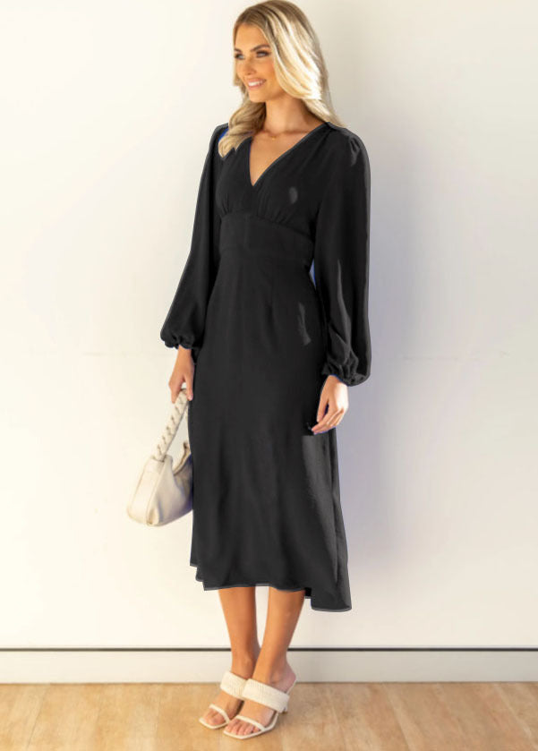 Elegant Long Sleeve V-Neck Solid Maxi Dress