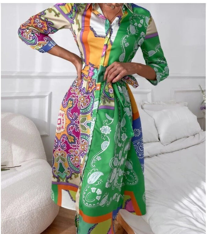 Long Sleeve Printed Belted Foulard Midi Dress