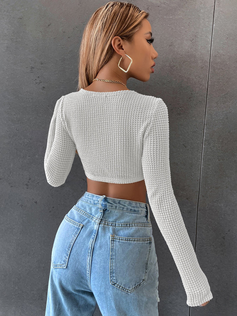 Long Sleeve Round Neck Bodycon Solid Crop Top