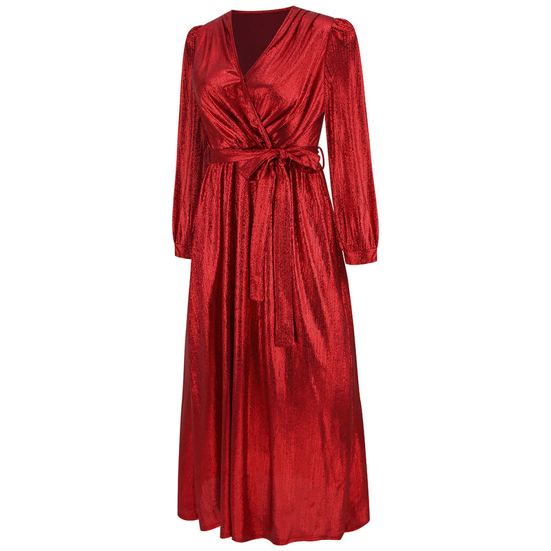 Shinny Long Sleeve Tie Waist Maxi Dress