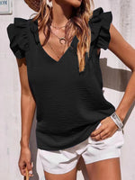 V-Neck Ruffle Short Sleeve Solid Loose Blouse