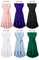 Casual Ruffle Sleeve V Neck Side Wrap Maxi Dress