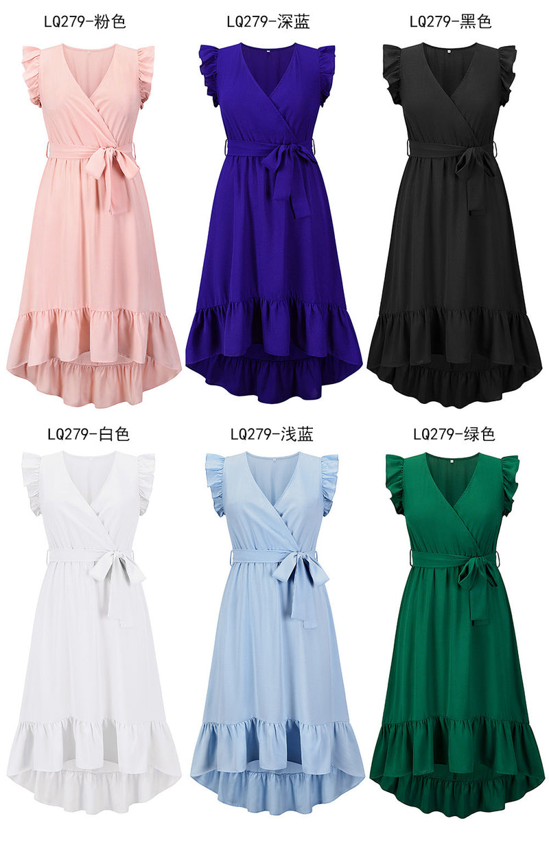 Casual Ruffle Sleeve V Neck Side Wrap Maxi Dress