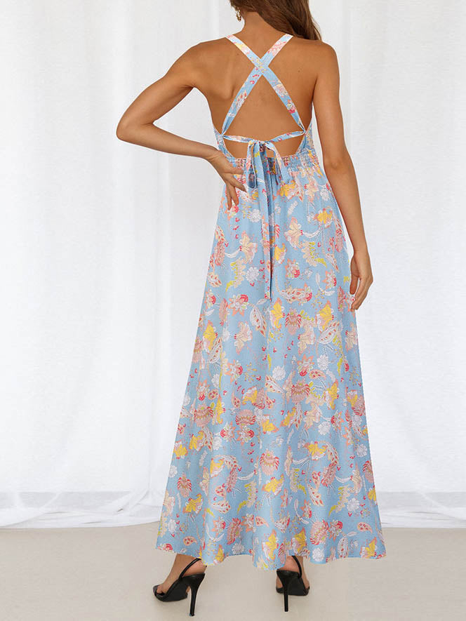 Halter Neck Cross Back SleevelessFloral Maxi Dress