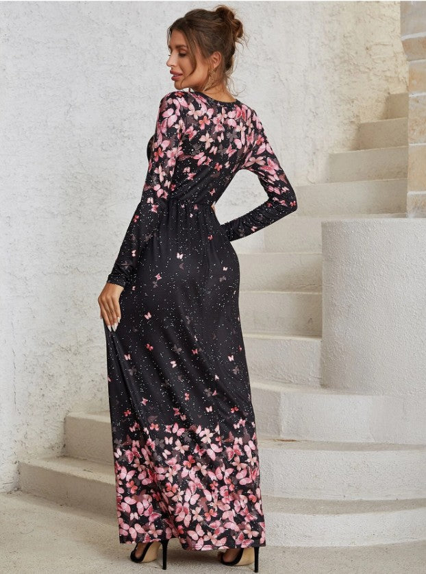 Fashion Floral Print Long Sleeve O-Neck Maxi Dress