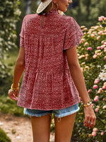 Casual O-Neck Ruffle Short Sleeve Printed Loose T-Shirt