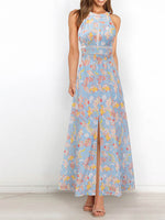 Halter Neck Cross Back SleevelessFloral Maxi Dress