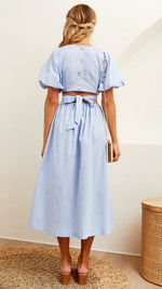 Puff Short Sleeve V Neck High Waist Maxi Dress