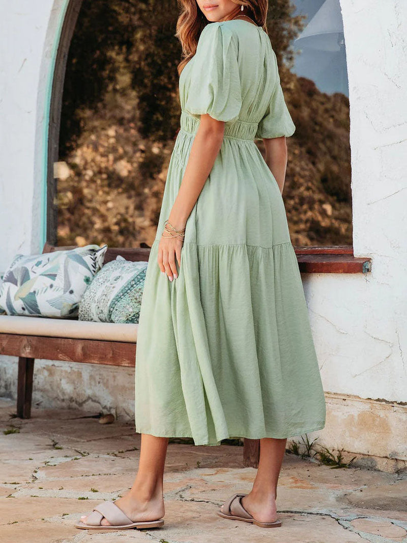 Puff Short Sleeve O-Neck Solid Loose Midi Dress