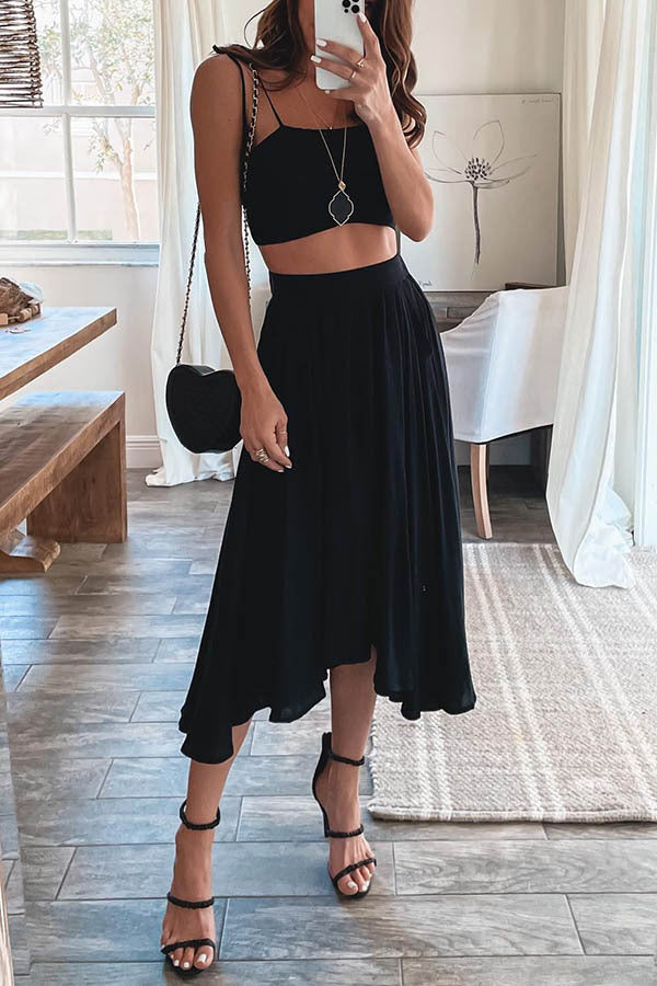 Tie Shoulder Crop Top Pockets Maxi Skirt Set