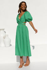 Puff Short Sleeve V Neck High Waist Maxi Dress