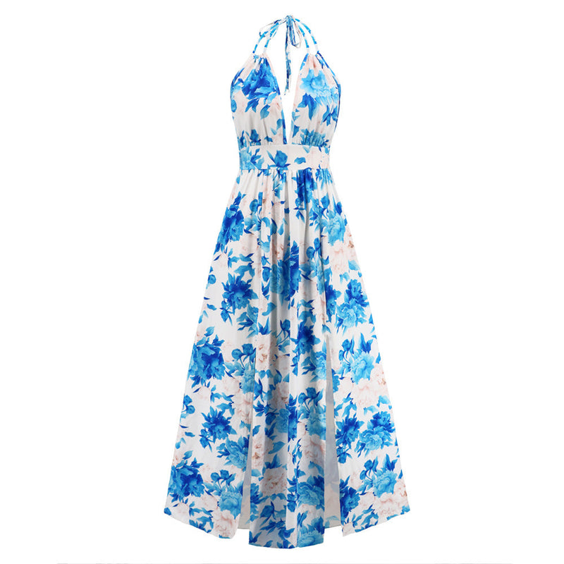 Sleeveless Backless Floral Print High Split Maxi Dress