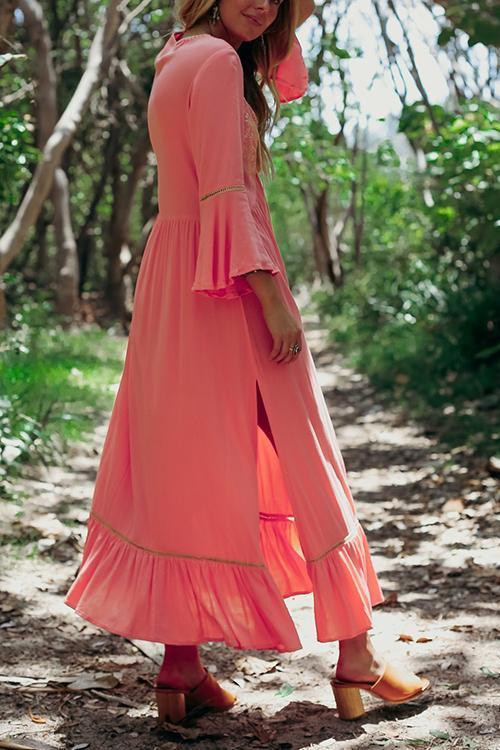 Embroidery Flares Sleeve Maxi Dress