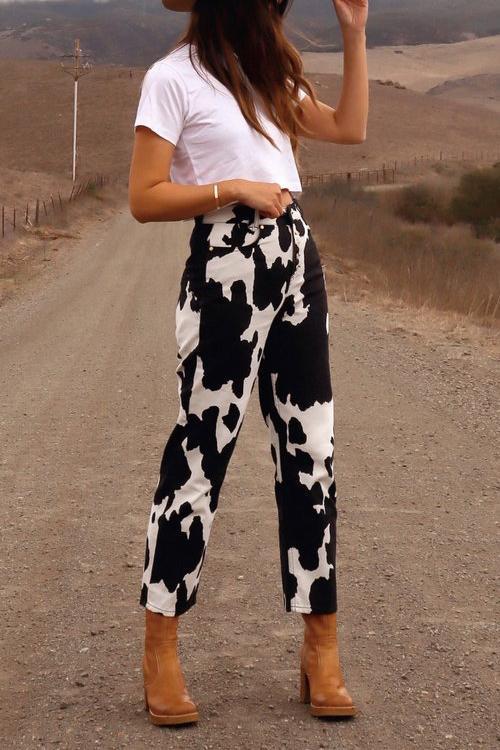 Cow Print Button Straight Leg Jeans