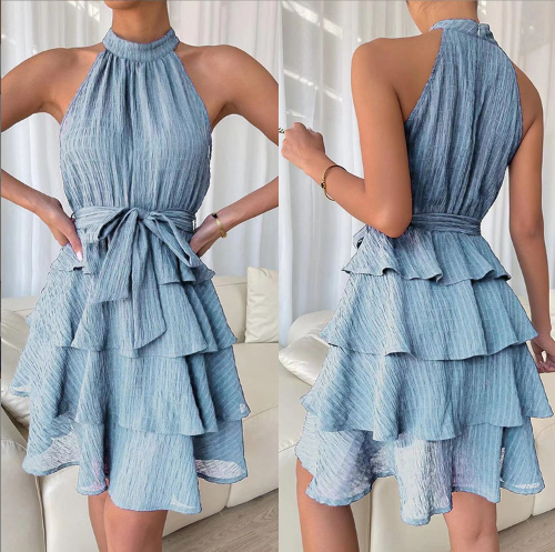 Halter Neck Sleeveless Belted Solid Flared Mini Dress