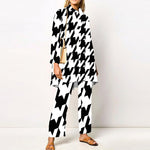 Two Piece Fashion Lapel Printed Long Sleeve Top Pant Set