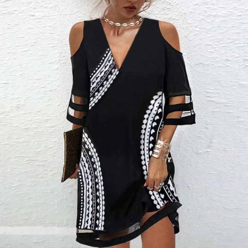 Fashion Women&#39;s Bodycon Off Shoulder V-Neck Mini Dress Sexy Summer Beach Party Vestidos Casual Loose Boho Flora Print Dresses