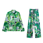 Casual 2 Piece Printed Button Down Top Elastic Waist Pant Set