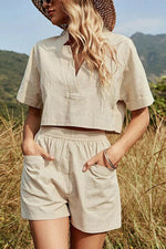 V Neck Crop Blouse Pockets Shorts Set